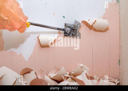 Die alte Latexfarbe von der Wand abblätternd. Mit einem Schaber ein Badezimmer renovieren. Platz - Renovierung zu Hause. Stockfoto