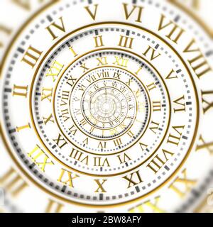 Konzept der unendlichen Uhr mit goldenen römischen Zahlen Stockfoto