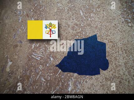 Karte und Flagge des Vatikans auf einem konkreten Hintergrund, 3D-Illustration Stockfoto