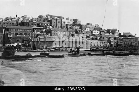 Ein neuer Ausbruch von Arabern in der Nähe der jüdischen Stadt. Ein neuer Ausbruch von Arabern wird aus Jaffa in der Nähe der neuen jüdischen Stadt Tel Aviv berichtet. Eine Firma von New South Wales Borderers soll die Araber engagiert haben. Der Hafen von Jaffa, zeigt den Landeplatz. Bis 27. August 1929 Stockfoto