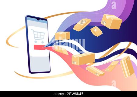 Werbebanner Flyer Design mit Online Shop App auf Smartphone und Lieferung fliegende Papppakete flache Vektor-Illustration auf weißem Hintergrund Stock Vektor