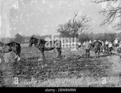 Ein Bauer und sein Pferd Team Pflügen ein Feld, nehmen Sie eine Pause, um Cross-Country-Läufer zu beobachten, laufen vorbei an ihren Feldern. 1936 . Stockfoto