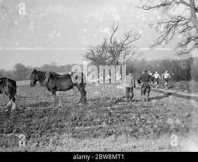 Ein Bauer und sein Pferd Team Pflügen ein Feld, nehmen Sie eine Pause, um Cross-Country-Läufer zu beobachten, laufen vorbei an ihren Feldern. 1936 . Stockfoto