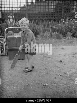 Brian Griffiths posiert mit einer Miniatur-Cricket-Fledermaus. 1938 Stockfoto