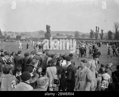 Eine Presse Cricket-Team gegen Newcross Speedway Cricket-Team in Sidcup, Kent. Eine Pitch-Invasion durch die Zuschauer. 1938 . Stockfoto