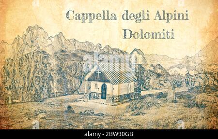 Skizze der Cappella degli Alpini in den Dolomiten, Italien Stockfoto