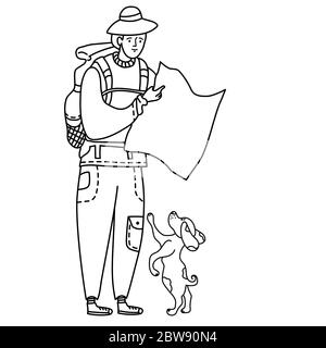 Strichzeichnung Doodle. Ein Tourist in einer Hose mit Taschen und Hut steht mit einem Rucksack in den Händen einer Karte. Ein Hund springt neben ihn Stock Vektor
