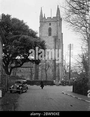 Außenansicht der Lydd Church, Kent. 17. Januar 1939 Stockfoto