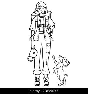 Strichzeichnung Doodle. Ein Mädchen in einer Hose mit Taschen steht mit einem Rucksack hinter ihrem Rücken in ihrer Mütze. Neben ihr ist ein Hund. Reisen, Sport, Training Stock Vektor