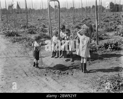 Die Kinder der Frauen Hopfenpicker in Beltring , Kent , spielen in den Hopfenfeldern . 1939 . Stockfoto