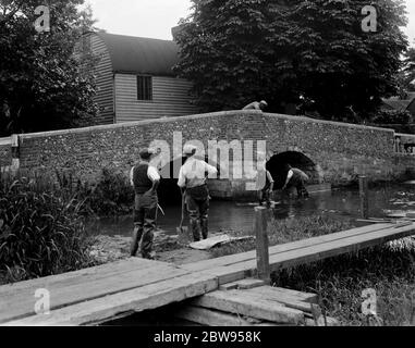 Männer bei der Arbeit auf Fluss Kreuzung bei Eynsford Brücke über den Fluss Darent in Kent. 1936 . Stockfoto