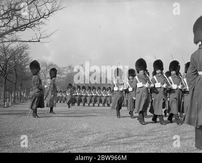 Prince of Wales inspiziert sein Regiment am St. Davids Tag in Aldershot. Der Prinz von Wales inspiziert die 1. Bataillon Walisische Garde, von denen er Oberst in ihrer Kaserne in Aldershot am St. Davids Tag. Der Prinz von Wales grüssend die regimentalen Farben, wie sie an ihm auf dem Paradeplatz getragen wurden. März 1932 Stockfoto