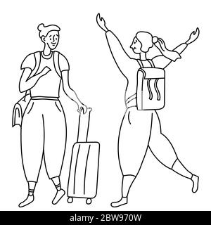 Linie Zeichnung karakul zwei fröhliche Mädchen Touristen. Einer mit einer Tasche auf der Schulter und einem Koffer auf Rädern. Die zweite mit einem Rucksack. Doodle-Set. Stock Vektor