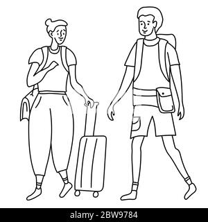 Lineare Umriss Zeichnung Mädchen und Kerl Touristen. Sie hat eine Tasche auf der Schulter und einen Koffer auf Rädern. Er ist mit einem Rucksack hinter sich. Doodle-Set. Stock Vektor