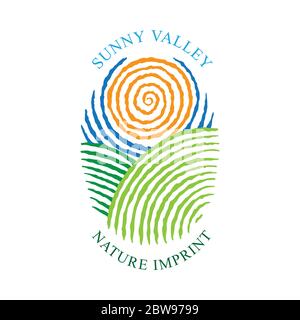 Sunny Valley Logo im Fingerabdruck-Stil. Sunny Valley handgezeichnete Illustration. Natur, Wiesen, Sonne und Himmel. Stock Vektor