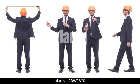 Panorama Foto Collage von qualifizierten Architekten isoliert auf weißem Stockfoto