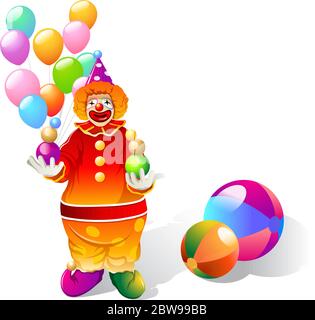 Illustration von Clown mit Ballon und Kugeln, mit weißem Hintergrund Vektor Stock Vektor