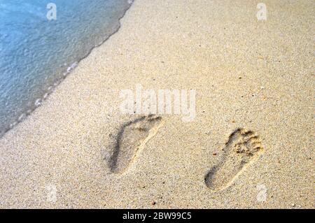 Ein sanfter Wasserrausch bedroht eine einzige Reihe von Fußabdrücken an einem Strand auf der Insel Oahu. Stockfoto