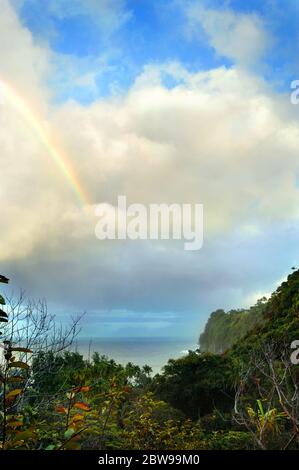 Der malerische Blick auf den Laupahoehoe Point und die umliegenden Klippen wird durch einen Regenbogen und eine nach Regen verbleibende Wolkendecke verstärkt. Stockfoto