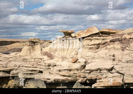 NM00246-00...NEW MEXICO - geschichteter Sandstein, der auf dem Bergrücken der Bisti Wilderness Area erodiert wurde. Stockfoto