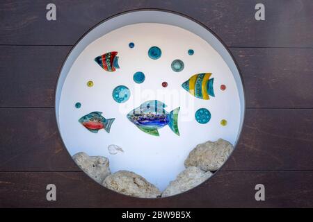 Bunte Fische im Kreis an einer Holzwand Stockfoto