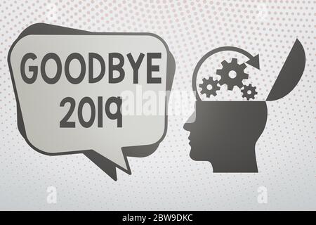 Schreibnotiz mit Abschiednehmen 2019. Geschäftskonzept für ein glückliches neues Jahr und Hallo 2020 Hu Analyse Silhouette Topside Open Stockfoto