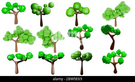 Sammlung niedrigen Polygonbaum, Darstellung 3D-Rendering Stockfoto