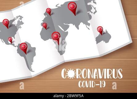 Covid-19 Coronavirus Map-Vektordesign. Coronavirus Covid-19 Text mit Weltkarte und ncov-Pin zur Navigation und Lokalisierung von bestätigten Fällen. Stock Vektor