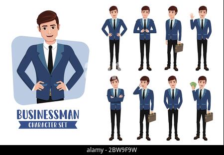 Geschäftsmann Zeichen Vektor gesetzt. Business man Charakter professionellen Büroleiter in verschiedenen stehenden Pose und Gesten für den Geschäftsverkauf. Stock Vektor