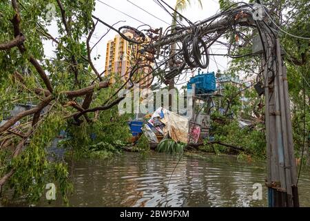 Hochspannungs-Elektrokabel, die gefährlich an einem gebrochenen Pol auf einer Stadtstraße hängen, nachdem der Zyklonsturm Amphan bei Kalkutta, Indien, landunterging Stockfoto