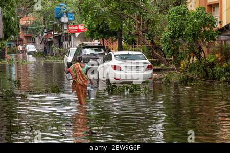 Überflutete Stadtstraße mit Fahrzeugen, Fußgängern und entwurzelten Bäumen nach schwerem Zyklonsturm 'Amphan' Streik in West Bengal, Indien Stockfoto