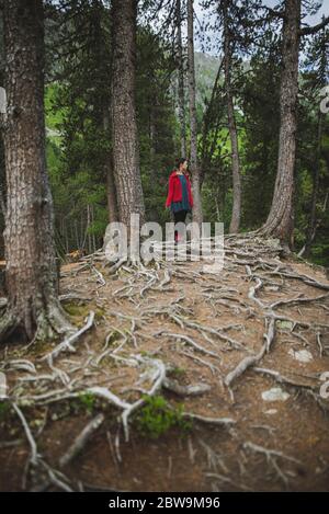 Schweiz, Bravuogn, Palpuognasee, Junge Frau im Wald Stockfoto