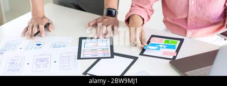 Team User Experience (UX) Designer kreative grafische Planung oder Design Anwendungsentwicklung ein Prototyp für Handy oder Smartphone Layout Stockfoto