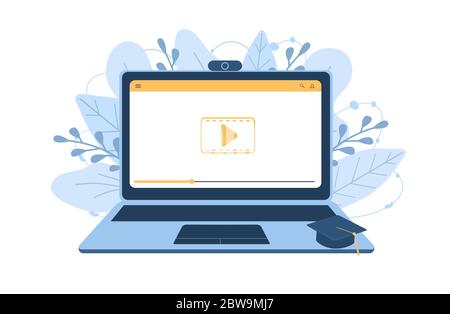 Online-Schulungen. Flaches Design Konzept von Schulungen und Video-Tutorials. Vektorgrafik für Website Banner, Marketing-Material, Präsentation Stock Vektor
