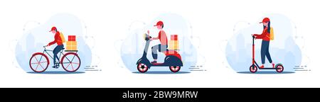 Online Delivery Service Konzept zu Hause und im Büro. Roller mit schnellen Kurier. Versand Restaurant Lebensmittel, Post und Pakete. Moderne Vektordarstellung in Stock Vektor