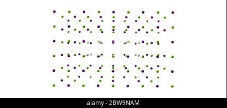 Natriumchlorid ist eine ionische Verbindung mit der chemischen Formel NaCl, die ein Verhältnis von 1 zu 1 von Natrium- und Chloridionen darstellt. 3d-Darstellung Stockfoto