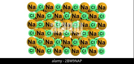 Natriumchlorid ist eine ionische Verbindung mit der chemischen Formel NaCl, die ein Verhältnis von 1 zu 1 von Natrium- und Chloridionen darstellt. 3d-Darstellung Stockfoto