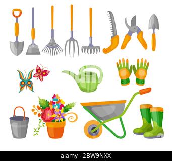 Set von verschiedenen Gartenartikeln. Gartengeräte. Flache Design-Illustration von Gegenständen für den Garten. Vektorgrafik. Stock Vektor