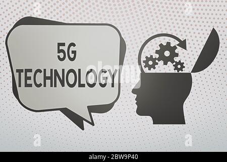 Schreiben Sie einen Hinweis zur 5G-Technologie. Geschäftskonzept für Highspeed-mobiles Internet, neue Generation von drahtlosen Systemnetzwerken Hu Analyse Silhouette Top Stockfoto