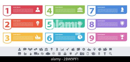 Infografik design Business Konzept Vector Illustration mit 9 Schritte und Optionen oder Prozesse, Arbeitsabläufe oder Diagramm oder Web button Banner dar Stock Vektor