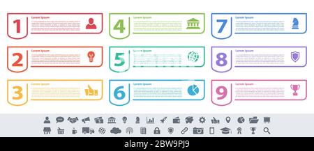 Infografik design Business Konzept Vector Illustration mit 9 Schritte und Optionen oder Prozesse, Arbeitsabläufe oder Diagramm oder Web button Banner dar Stock Vektor