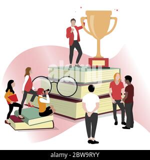 Schüler mit Tasse auf Stapel Bücher. Leistung Hochschule, Universität oder Wirtschaft, Weisheit und Studium, Bildung und Ausbildung. Vektorgrafik Stock Vektor