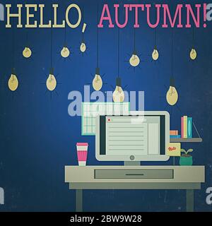 Text zur Worteingabe Hallo, Herbst. Geschäftsfoto mit Grußformel, das bei der Umstellung von Sommer- auf Winterfoto des Interior Working Spa verwendet wird Stockfoto