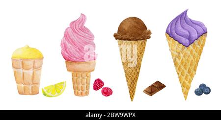 Set von Aquarell verschiedene farbige und gewürzte Eis in Waffelzapfen, handbemalte Illustration isoliert auf weiß Stockfoto
