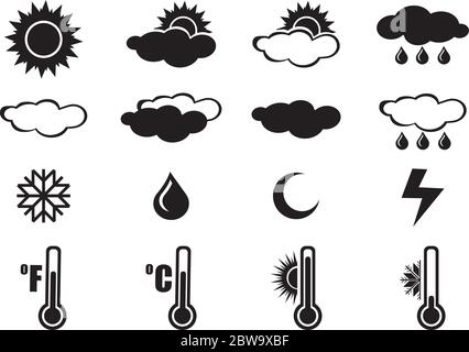 Satz von Vektor-Illustrationen von natürlichen Elementen und Objekten für Wetter und Meteorologie Symbole isoliert auf weißem Hintergrund. Stock Vektor