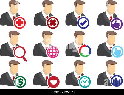 Vektor-Symbol-Set von Geschäftsmann mit runden Computer-Icons auf weißem Hintergrund isoliert. Technologie für Geschäftskonzept. Stock Vektor