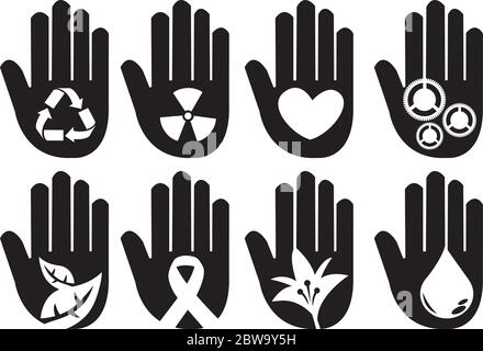 Konzeptionelle Handsymbole für verschiedene Community-Botschaften. Vektorgrafik auf weißem Hintergrund. Stock Vektor