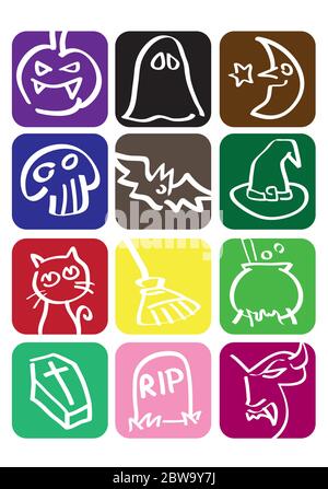 Bunte quadratische Vektor-Symbol mit Halloween-Symbole im minimalistischen Doodle-Stil gesetzt Stock Vektor