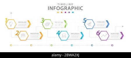 Infografik Vorlage für Unternehmen, 6 Schritte modernes Timeline-Diagramm mit Prozessplaner. Stock Vektor