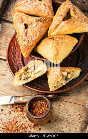 Kurnik, Kuchen gefüllt mit Huhn und Pilzen auf Holztisch Stockfoto